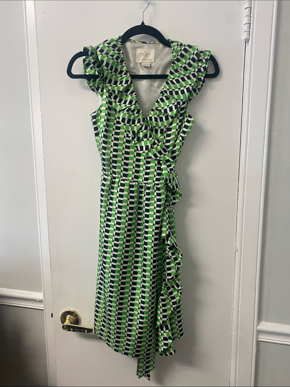 Green Geometric Ruffle Wrap Dress